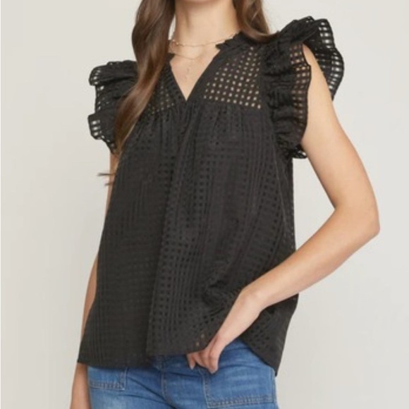 entro Tops - Entro Black Textured Blouse with Ruffled Sleeves